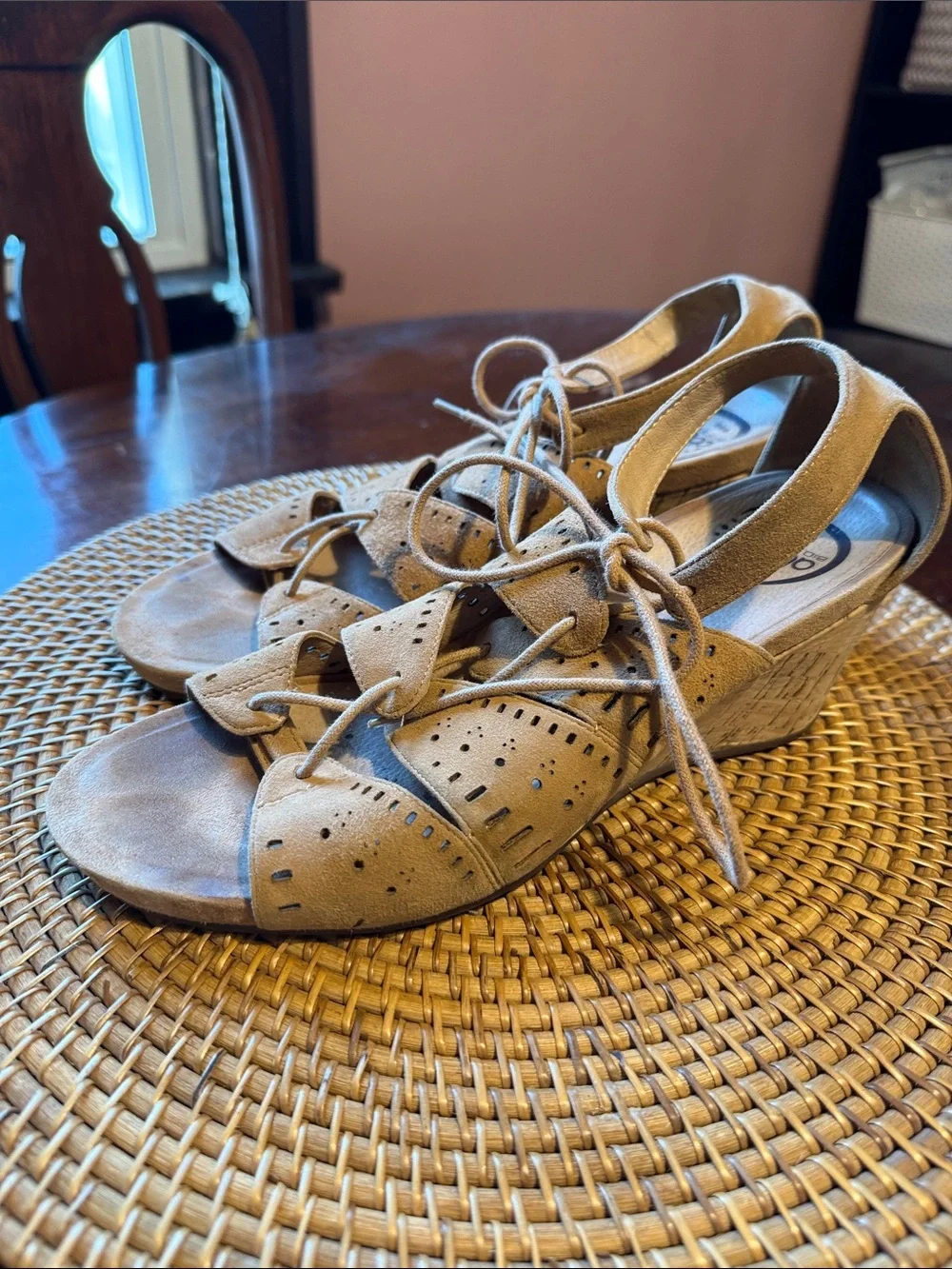 Abeo Tan Suede Lace-Up Cork‎ Wedge Sandals